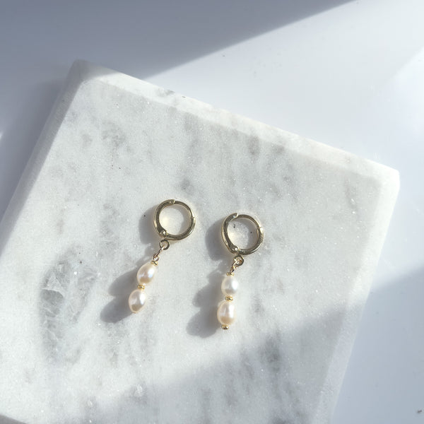 Double Pearl Drop Huggie Earrings